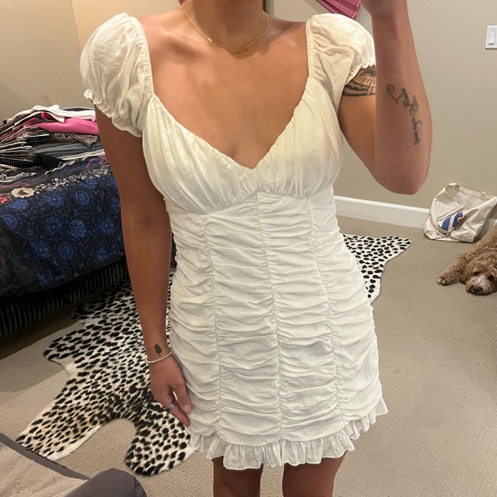 Chic White Ruched Mini Dress - Picture 5 of 7